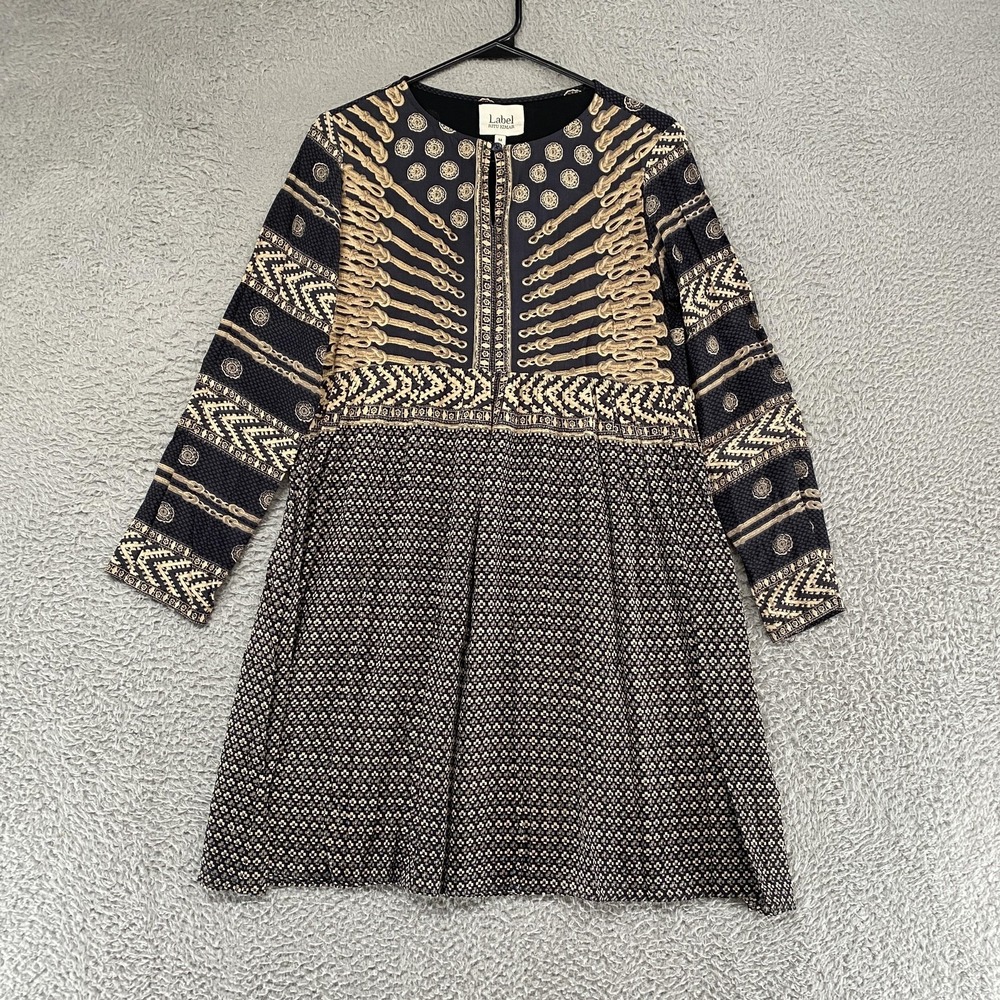Ritu Kumar Dress Womens M Navy Geometric Fit Flare Mini Boho Long Sleeve